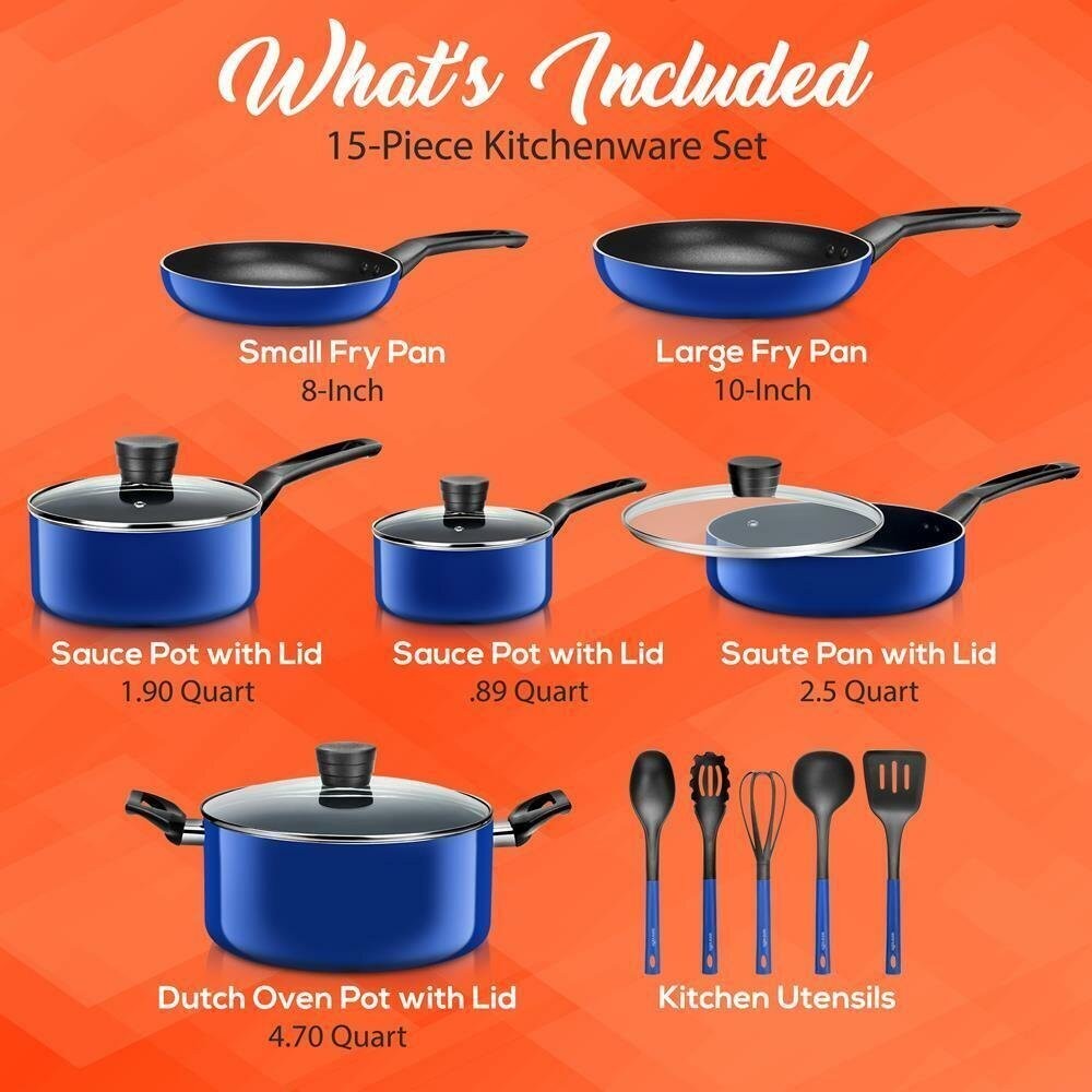 Serenelife Kitchenware Pots & Pans Set-Black Non-Stick Coating Inside (15 Pcs.)
