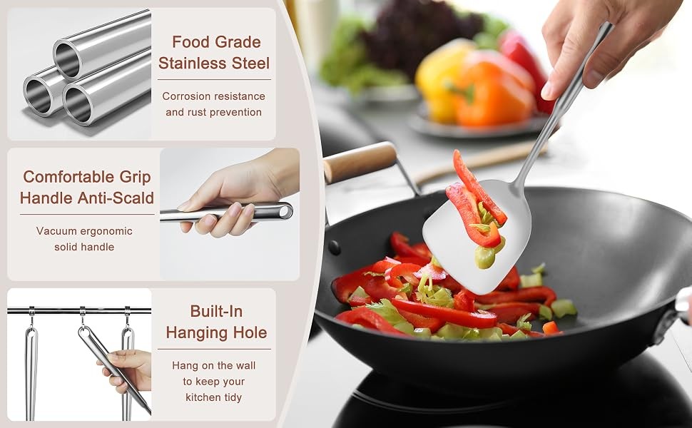 18 10 Stainless Steel Cooking Utensils Set, 10pcs Long Metal Kitchen Utensils