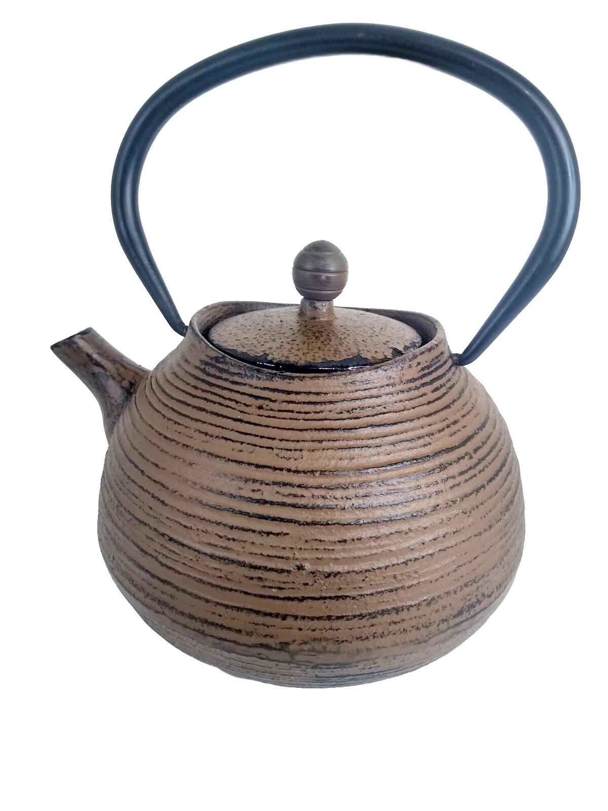 Cast Iron Brown Round Ridged Ceramic Coated Teapot Metal Mesh Strainer Lid