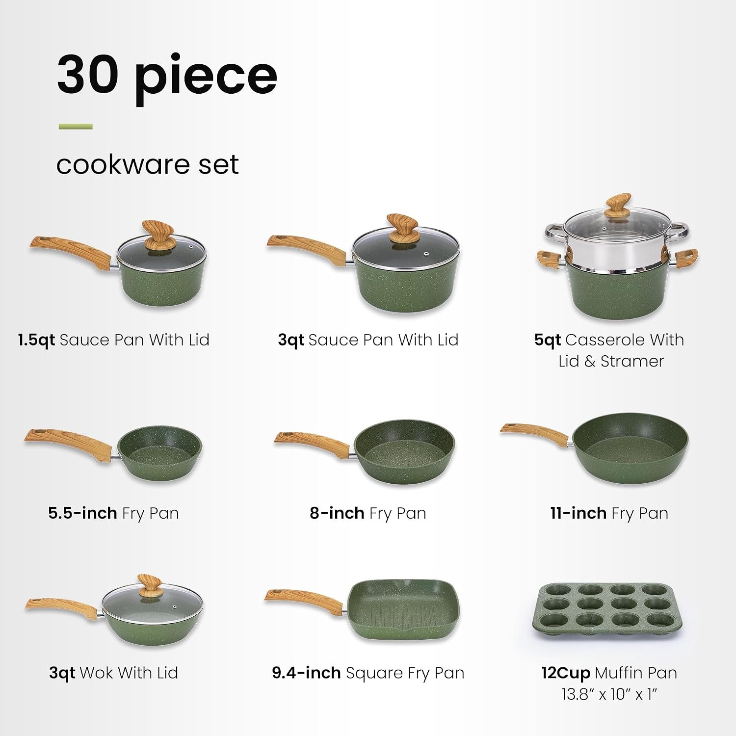 Green Pots and Pans Set Non Stick, 30 Piece Induction Kitchen Cookware Sets for