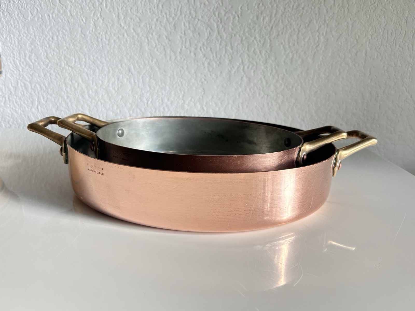 Vintage Copper Tin Lined Brass Handle Gratin Pan Set 2 Cobre Made in Chile