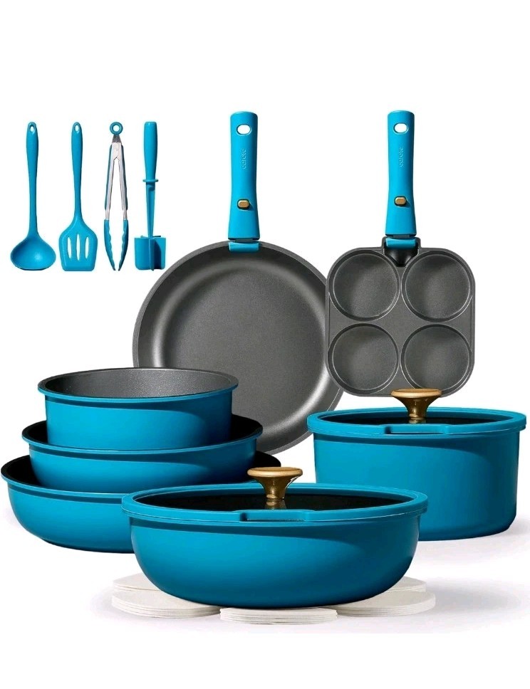 Carote 21pcs Pots and Pans Set, Nonstick Cookware Set Detachable Handle Peacock