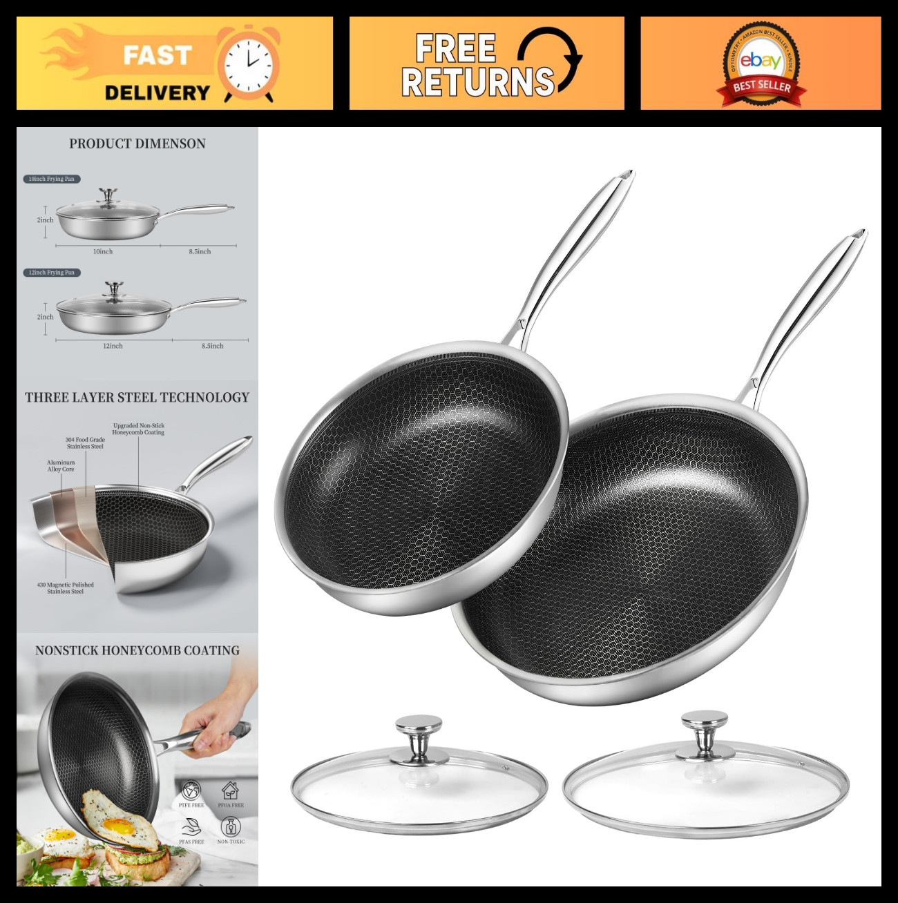 Nonstick Stainless Steel Frying Pan Set 10″ & 12″ Skillets with Lid, Induction C