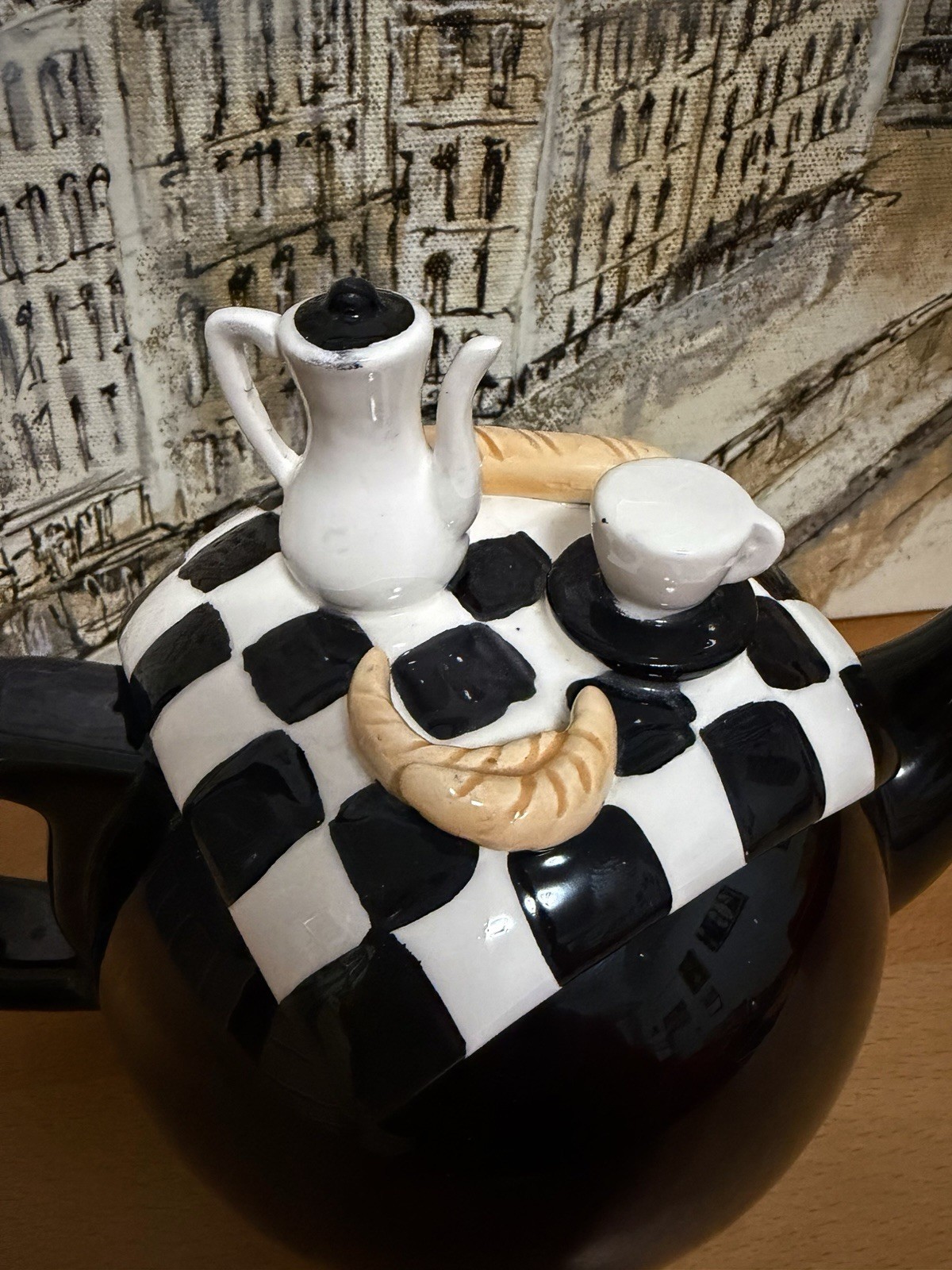 Vintage Black Teapot Checkerboard Estia Gourmet 32 oz. New Without Box.
