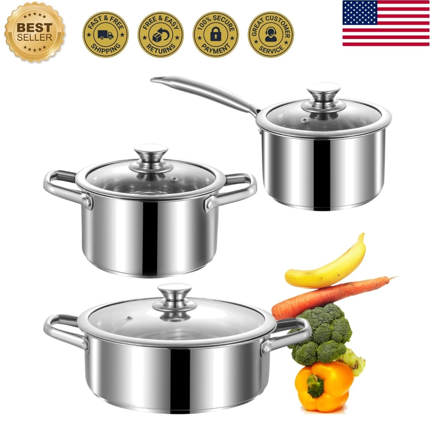 Stainless Steel pots and pans set, 6 Piece Nonstick Induction Kitchen Cookwar…