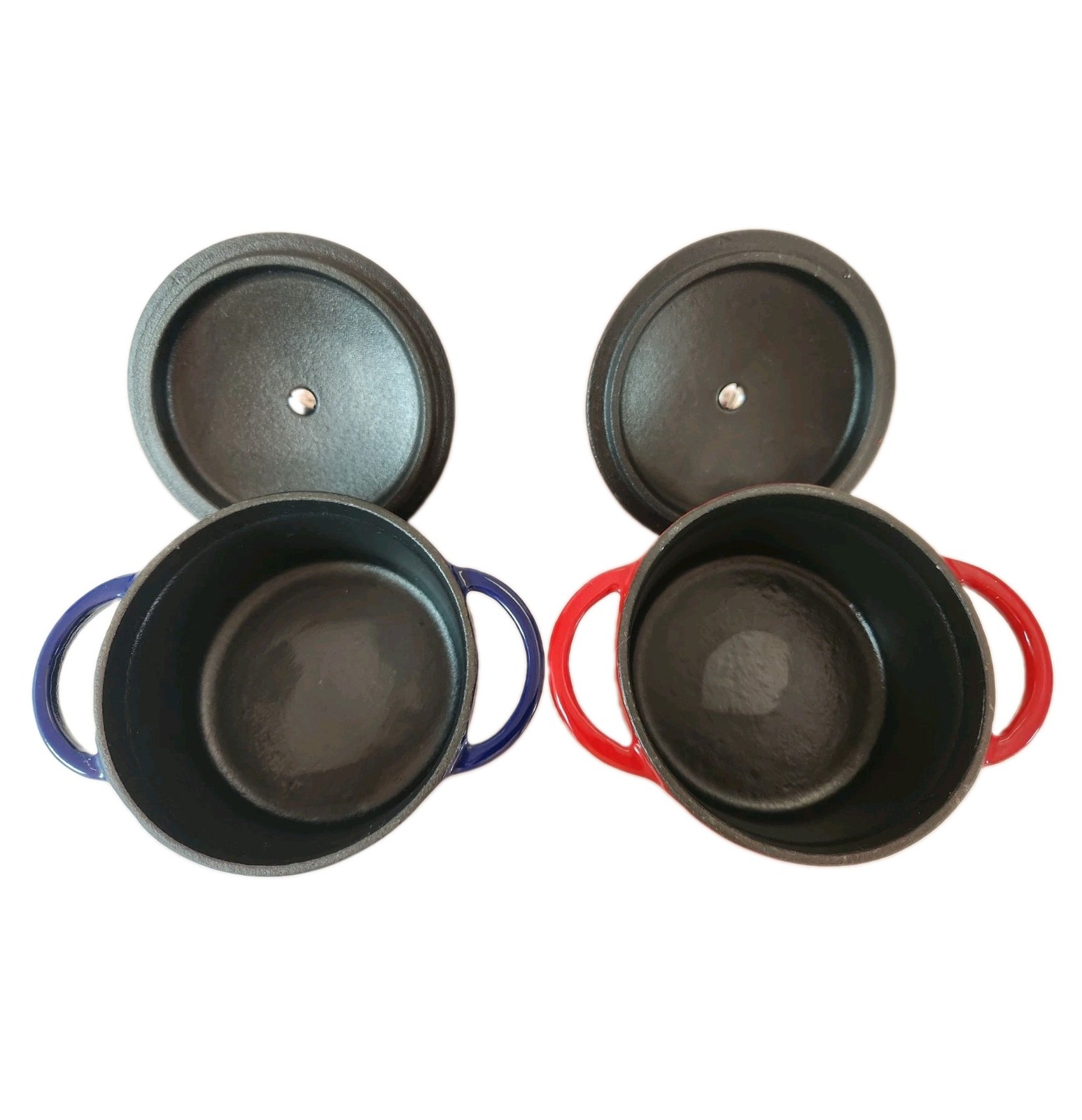 Fiesta Enameled Cast Iron Mini Dutch Oven Casserole Set of 2 Red Blue NWOT 0.35q
