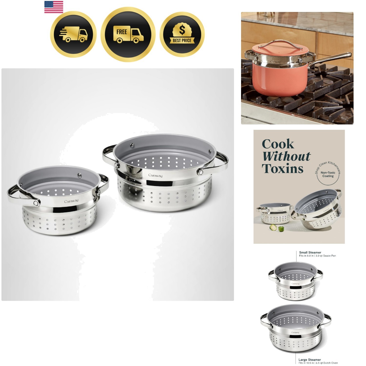 Steamer – Stainless Steel Steamer with Handles – Non Stick, Non Toxic Coating…