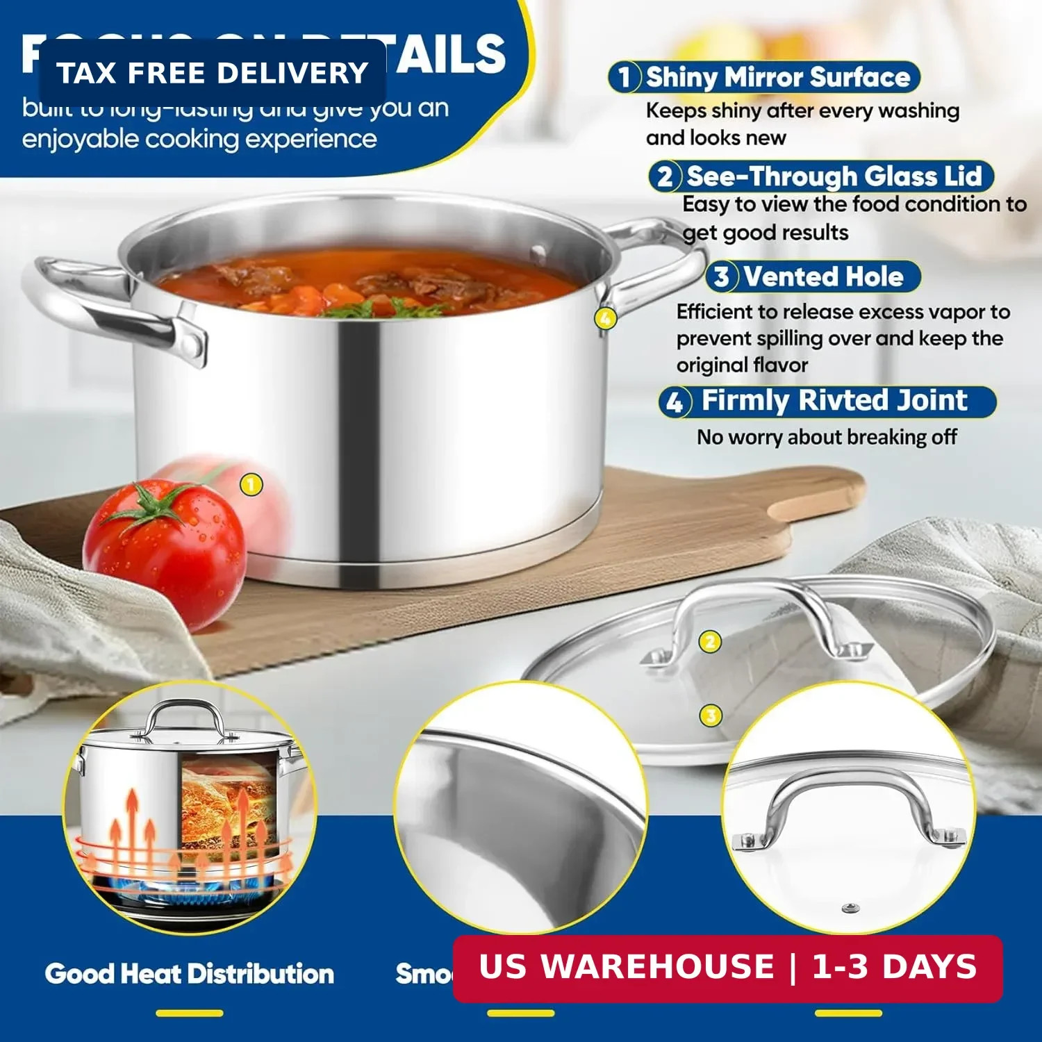 TeamFar 5 QT Stock Pot, Tri-ply Bottom Stainless Steel Stockpot Cooking Soup Pas