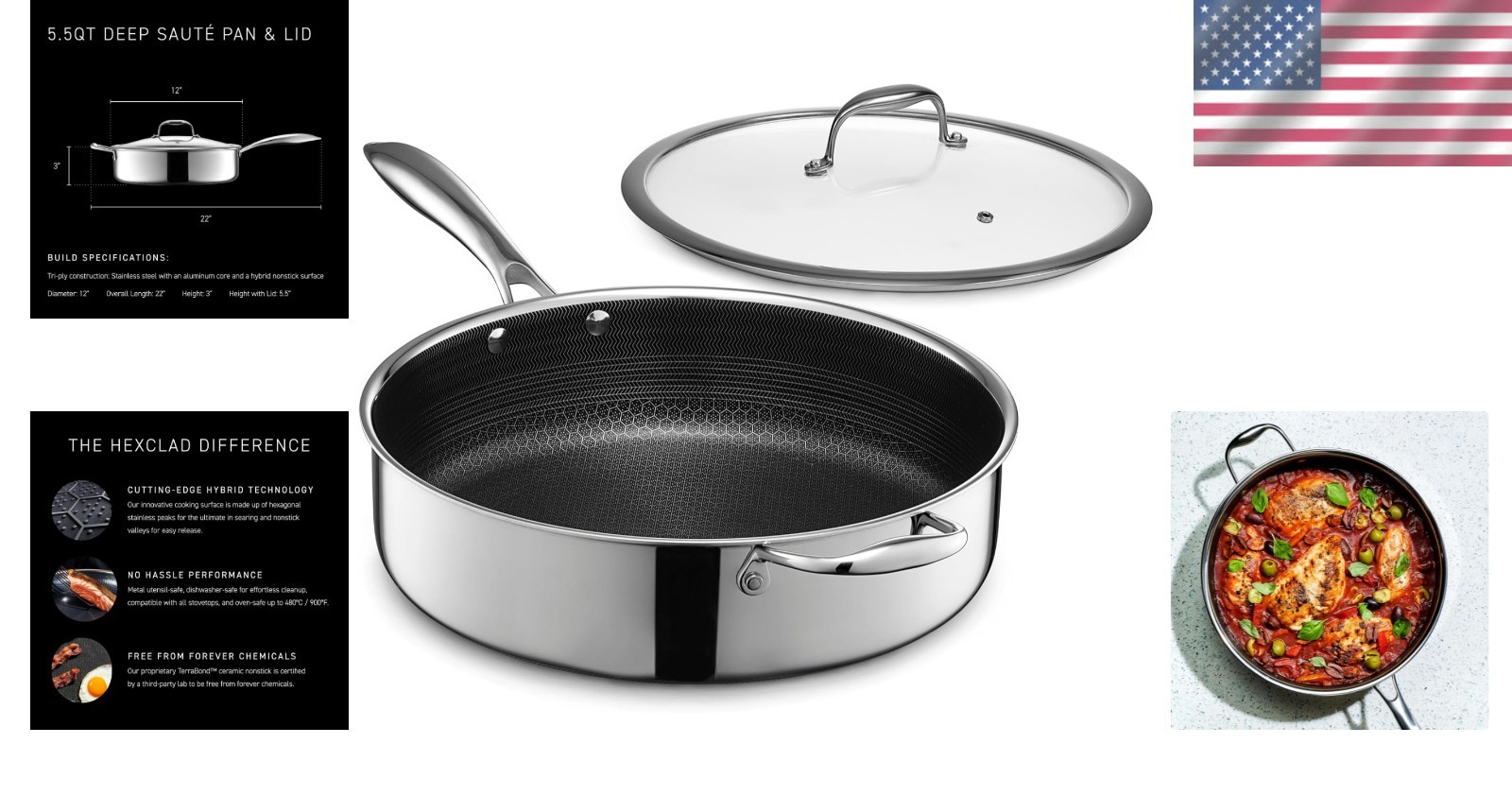 Nonstick Deep Sauté Pan 5.5 Quart with Glass Lid Induction Safe Dishwasher Safe