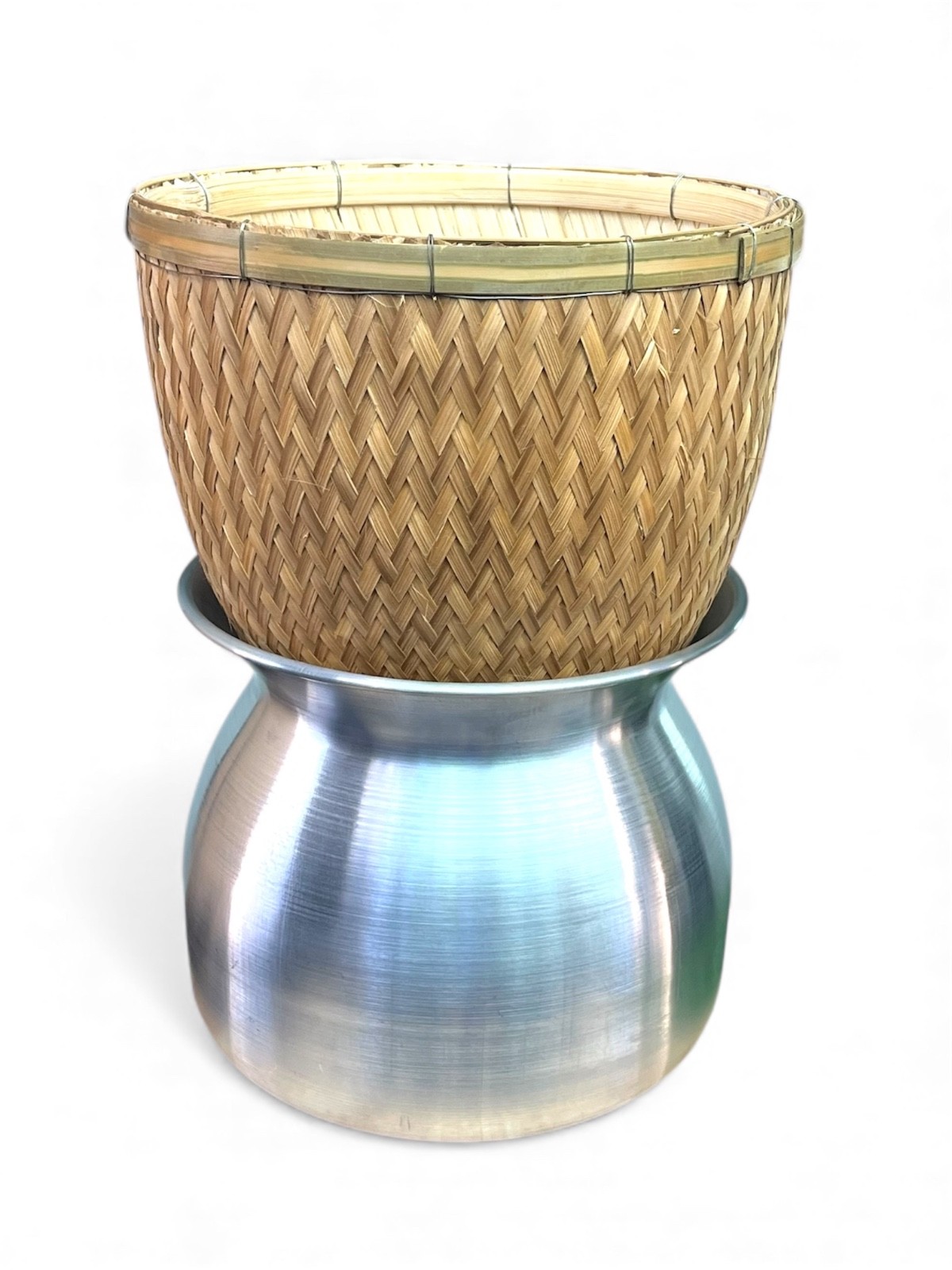 Thai Sticky Rice Steamer Set 2 pcs | 24 cm Aluminum Pot + 26 cm Bamboo Basket |