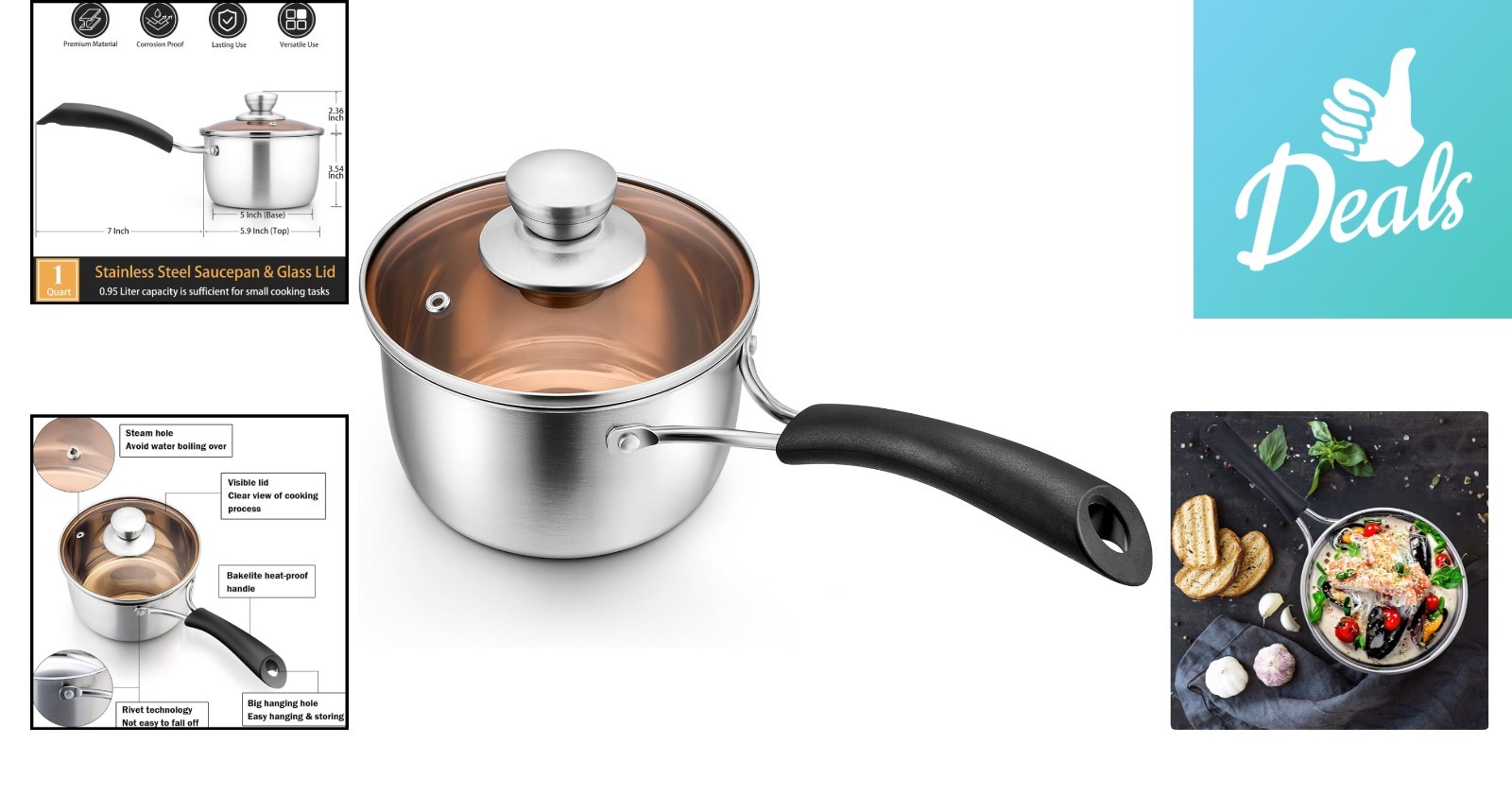 Elegant 1 Quart Stainless Steel Saucepan with Tempered Glass Lid for Home Chefs