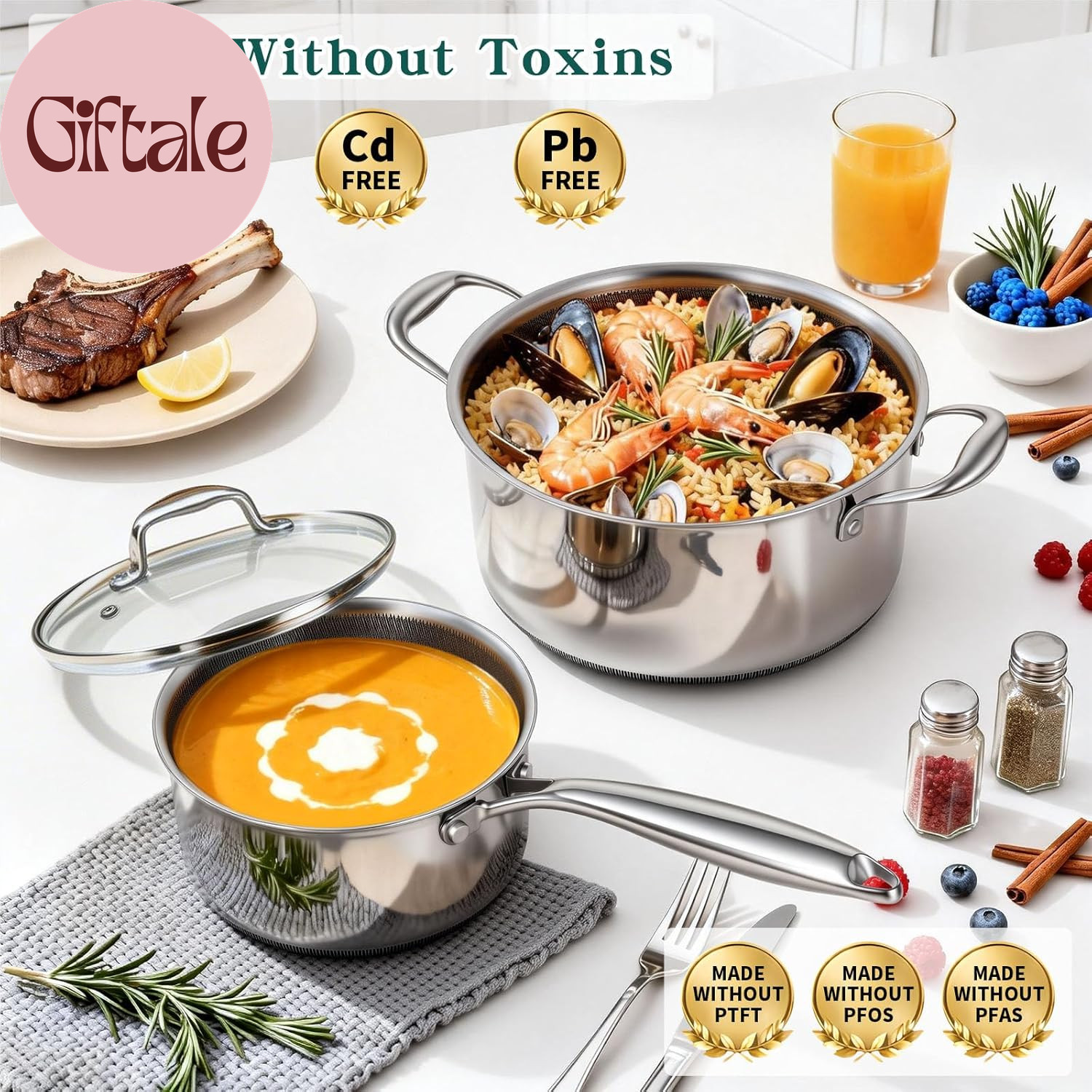 14 Piece Hybrid Stainless Steel Cookware Set Nonstick Pots and Pans