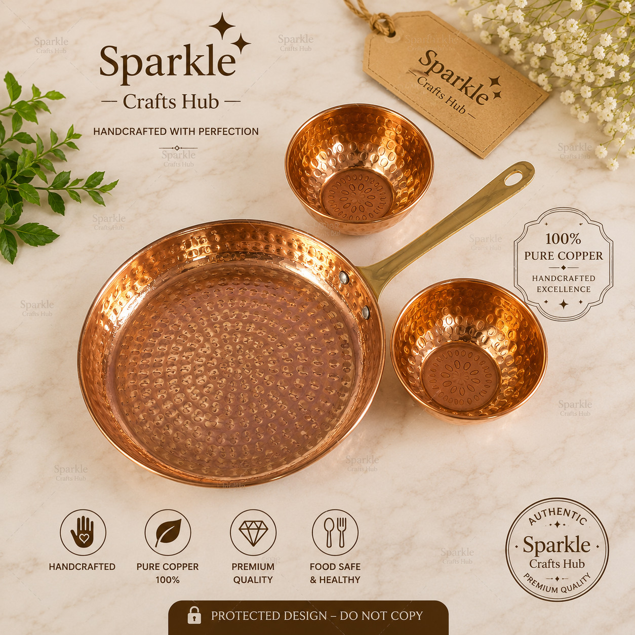 Pure Copper Fry Pan, Tadta Pan Kitchware, Homeware Tableware With 2 Serving Bowl