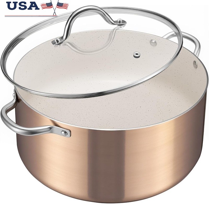6Qt Nonstick Stockpot Granite Coating Oven Safe W/ Glass Lid Efficient Heating