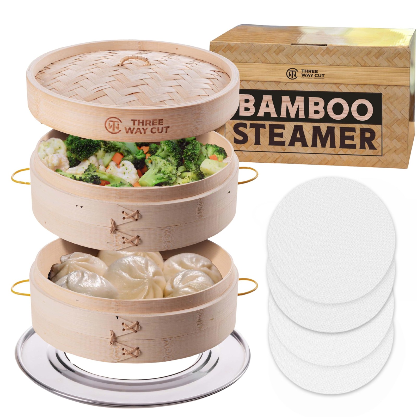 Bamboo Steamer 10 Inch 2 Tier Wooden Basket With Handle, Ring Adapter, Reusab…