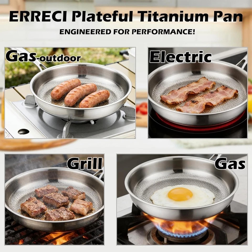 Pure Titanium Hammered Frying Pan with Lid, 12 Inch Skillet, No Coating Cookw…