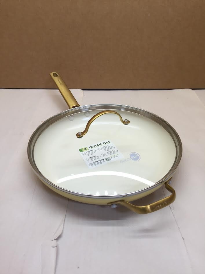 GreenPan Reserve 12″ Frying Pan Skillet with Helper Handle and Lid, Gold Handle