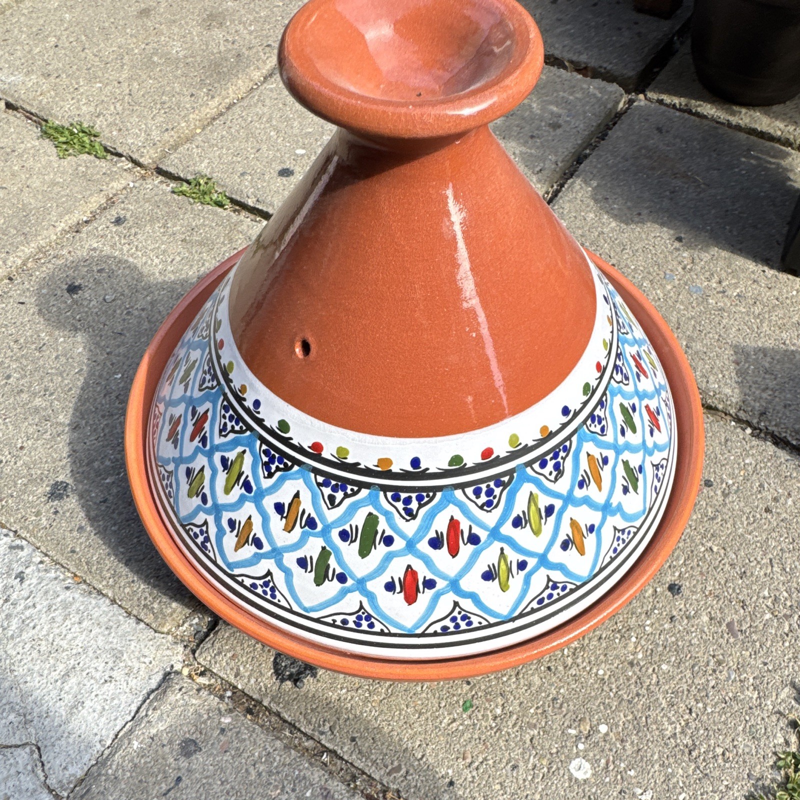 Terracotta Ceramic Tagine w/ Conical Lid Hand-Painted Blue White Multicolor