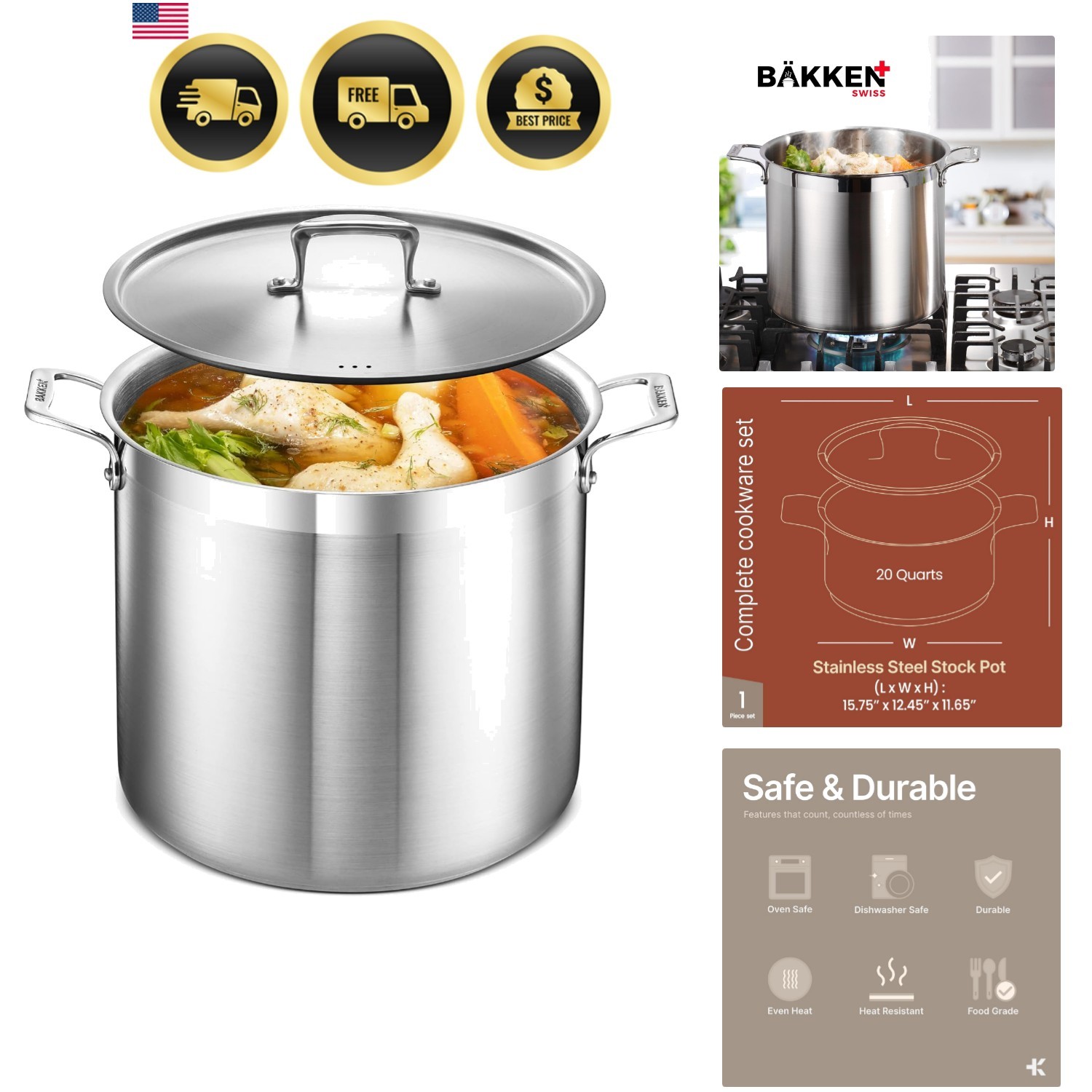 Stainless Steel Stockpot with Lid 20 Quart, Durable 18/8 Stainless Steel, Imp…