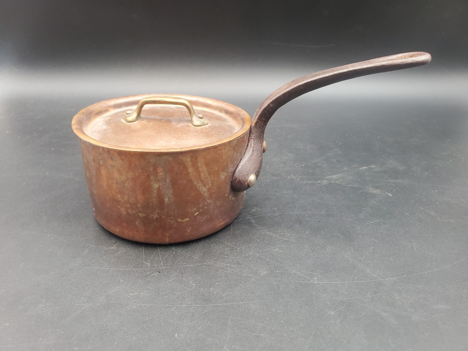 French Antique Heavy, Copper .8 QT Saucepan, Cast Iron Handle, w/ Lid