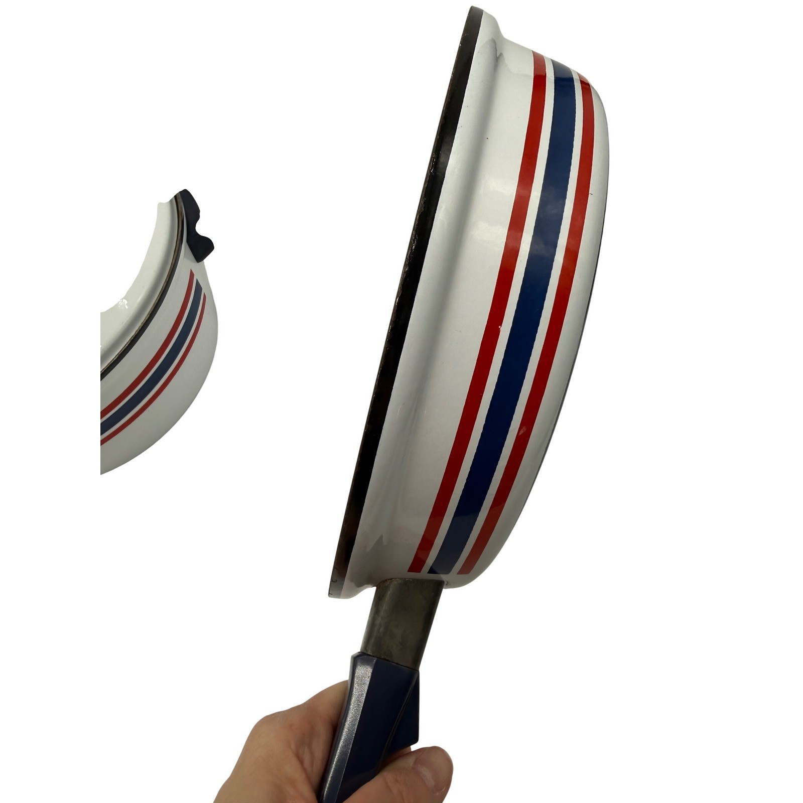 Vintage Club Celebration Norway Enamel Cookware Set White Red Blue Stripes 2pc
