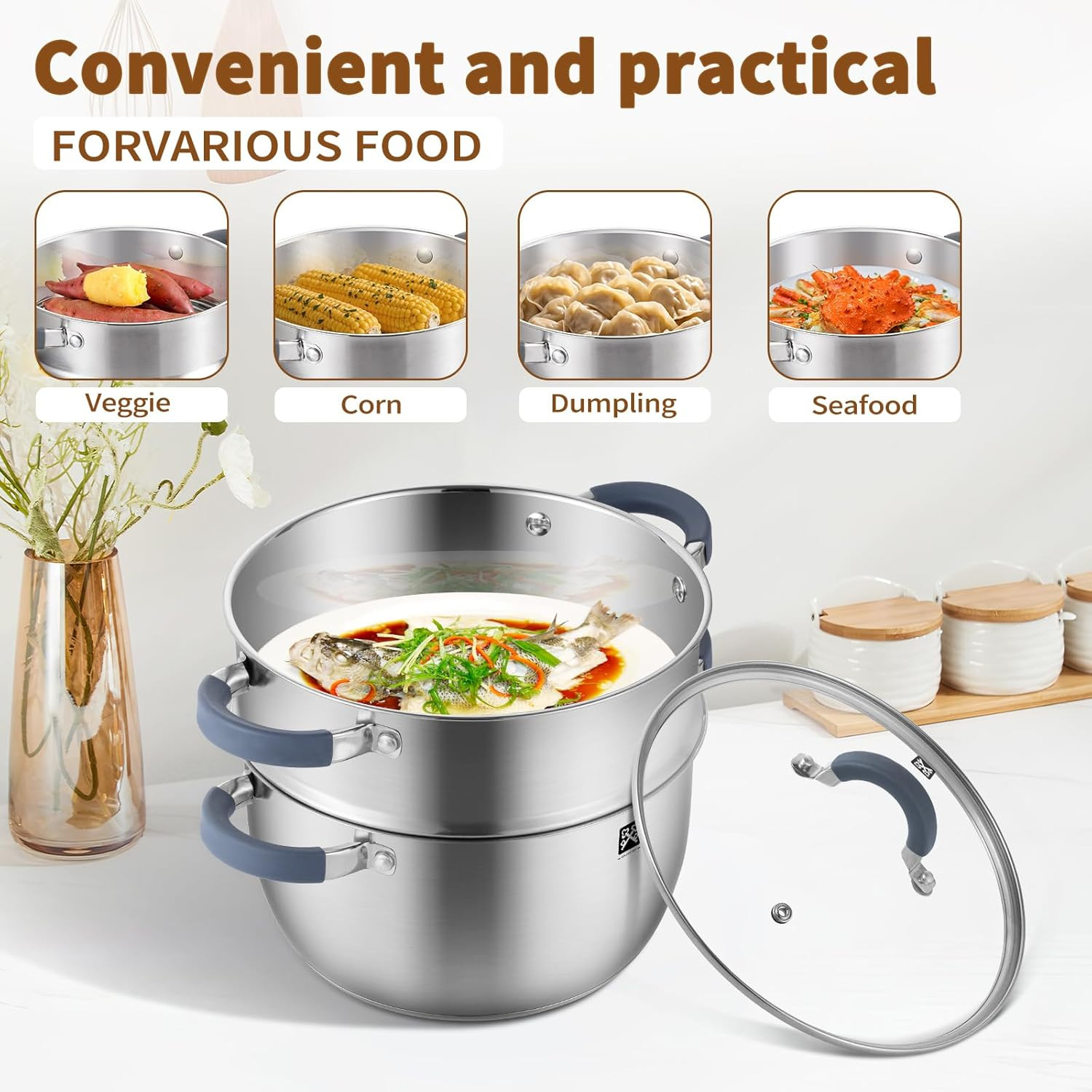 5.6 QT Steamer Pot with Lid,2-Tier Multipurpose 18/8 Steamer for Cooking with Ve