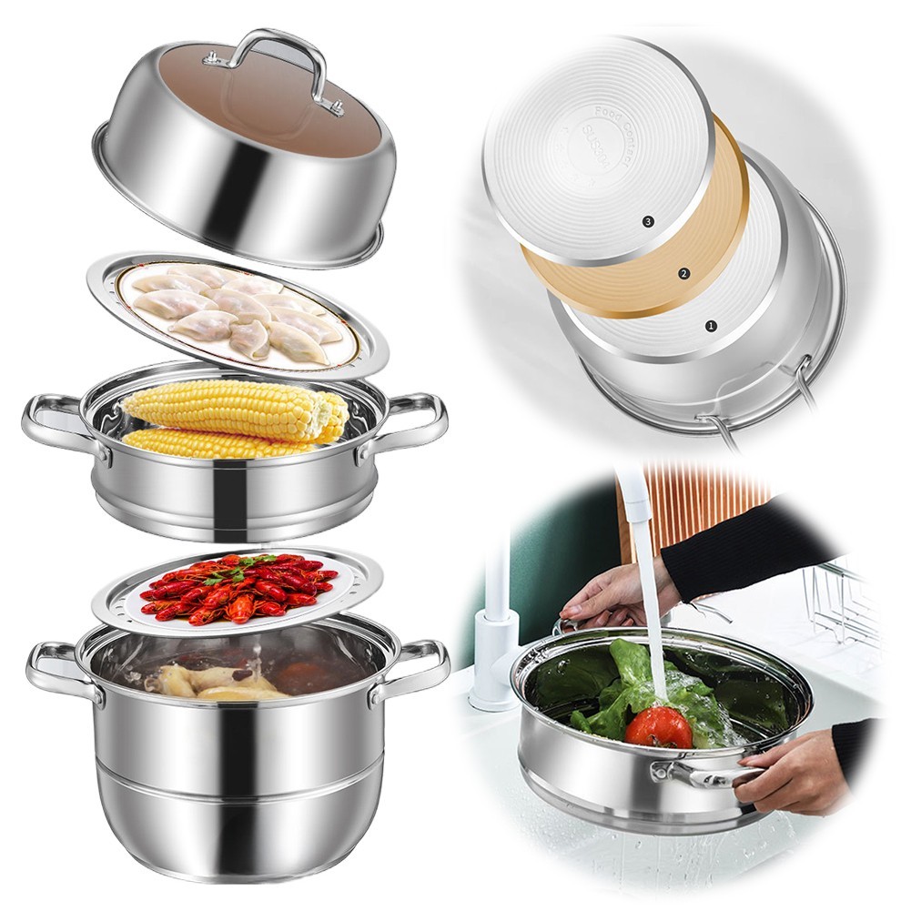 3 Tier Stainless Steel Steamer Cooker Steam Pot Kitchen Food Cooking + Glass Lid