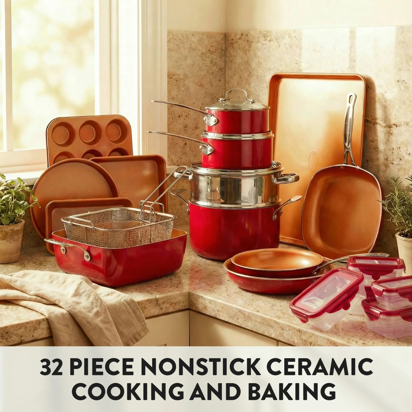 Gotham Steel 32 Pcs Pots and Pans Set Non Stick, Ceramic Pots and Pans Set, Cera