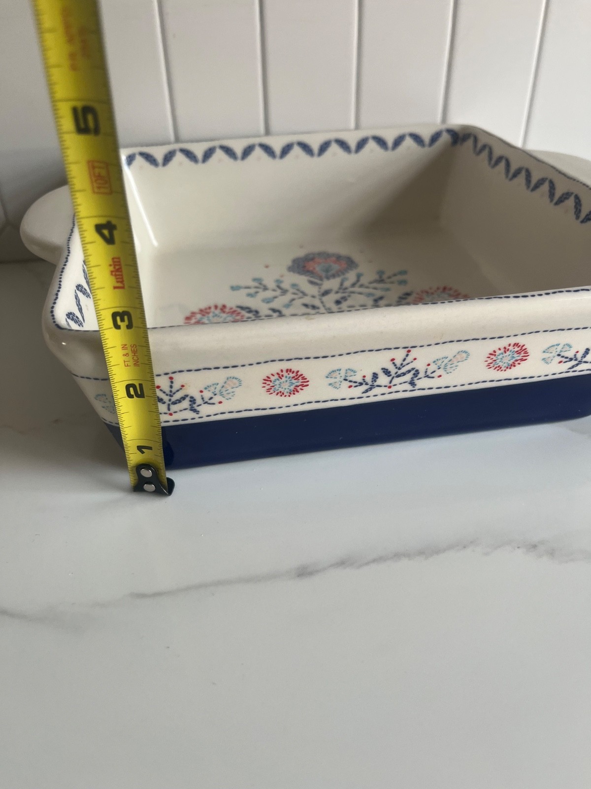 Stoneware Cream Pattern Navy Blue Red Floral Casserole Baking Dish Threshold 8”