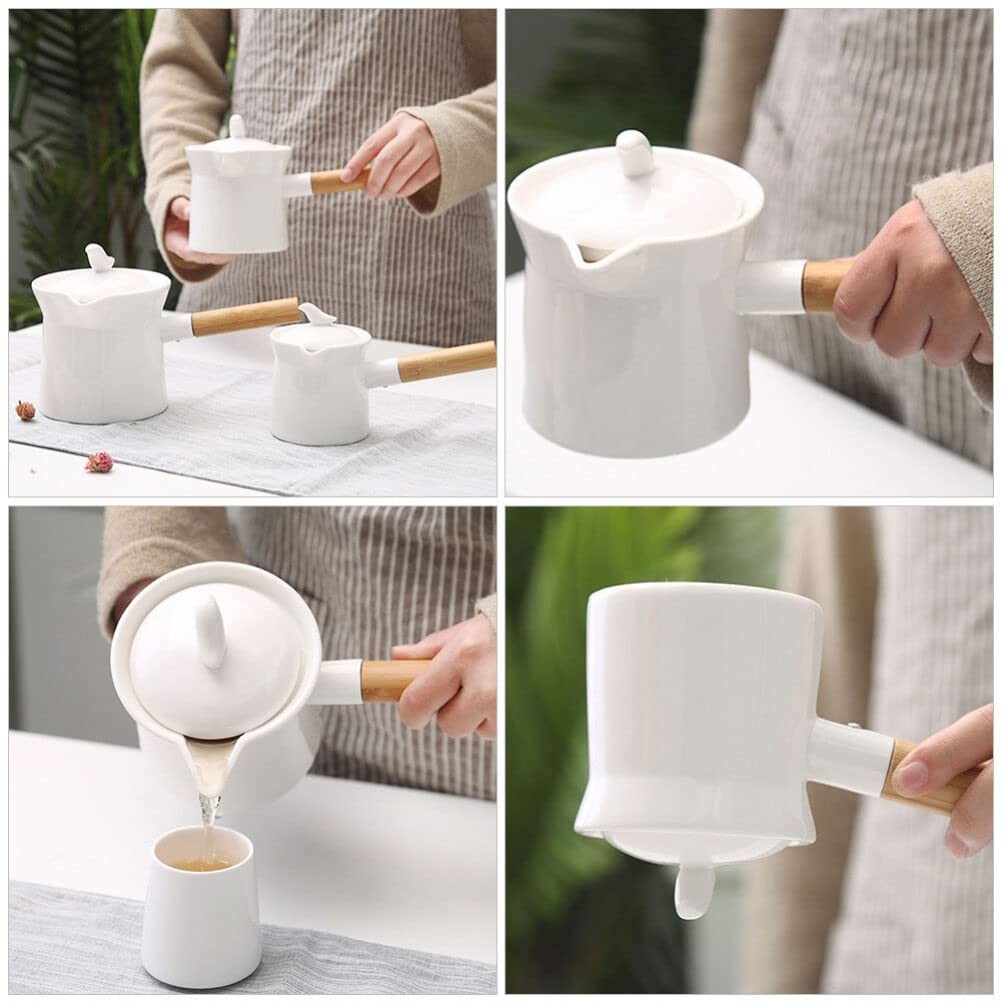 Mini Sauce Pan Ceramic Milk Pot 350ml With Lid Wooden Handle White Pour Spout