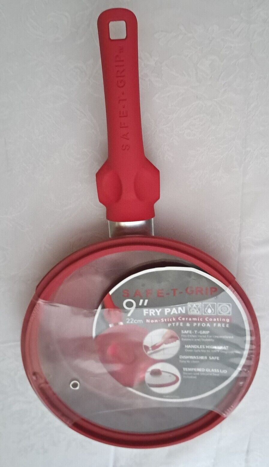SAFE-T-GRIP 9″ FRY PAN (Red) WITH GLASS LID