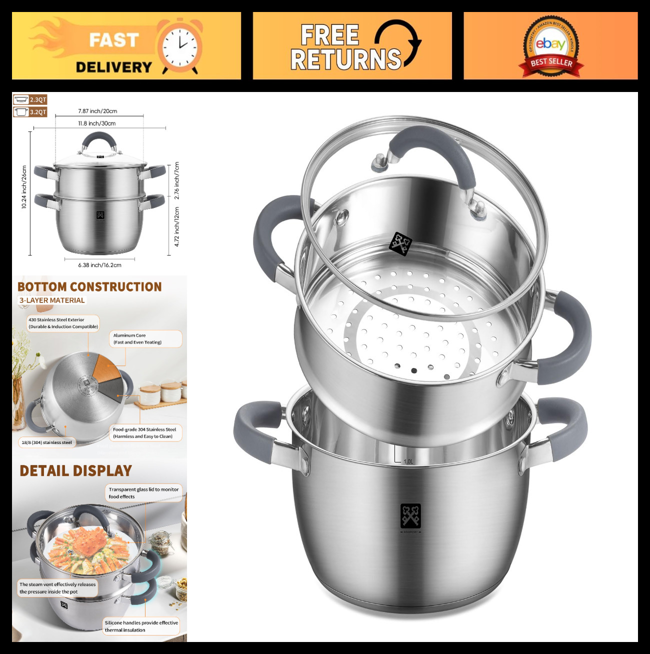 3.2 QT Stainless Steel Steamer Pot – 2-Tier Cookware with Lid, Vegetable Basket,