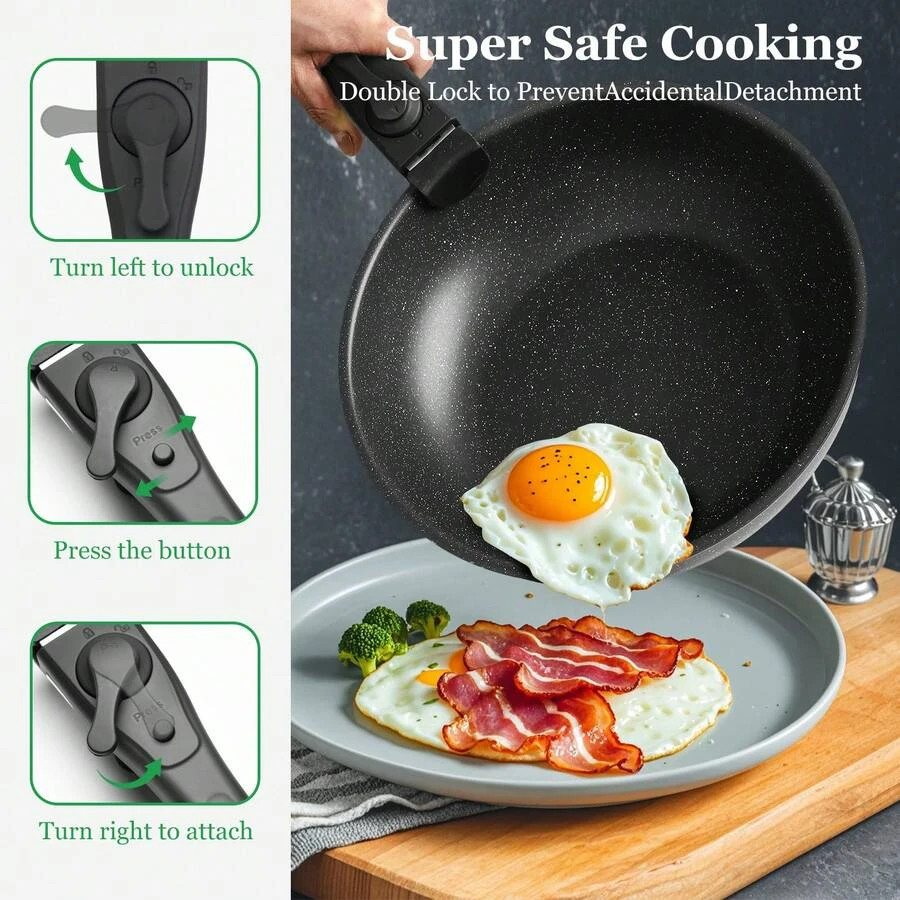 12-Piece Nonstick Pots Pans Set Removable Handles Home Cooking