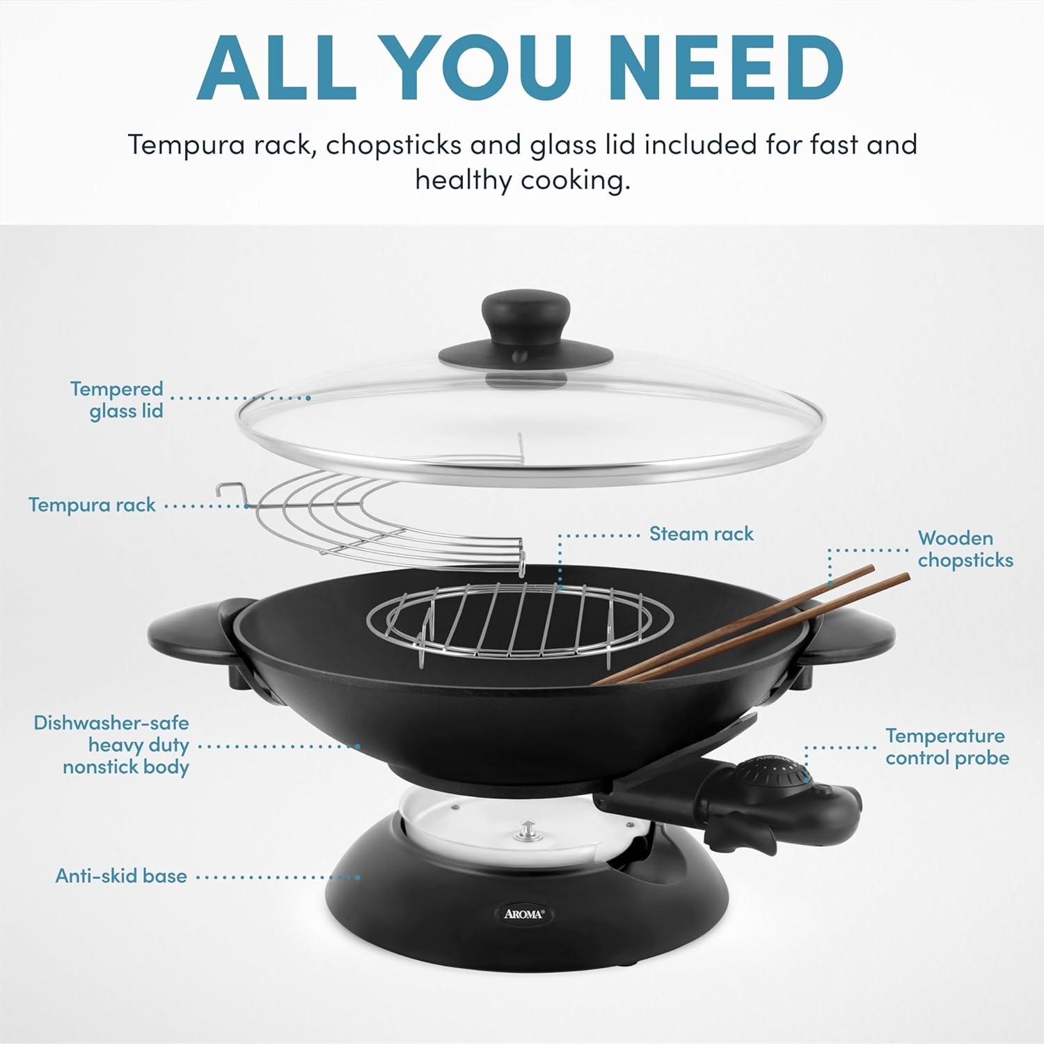 Aroma Housewares AEW-306 Electric Wok with Tempered Glass Lid Easy Clean Nonstic