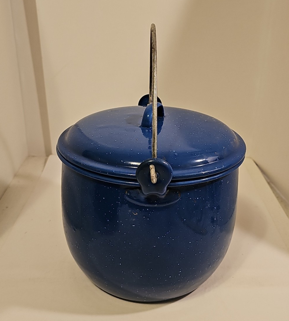 Enamelware Covered Stock Graniteware Handle Blue with White Speckles 6.5” Tall