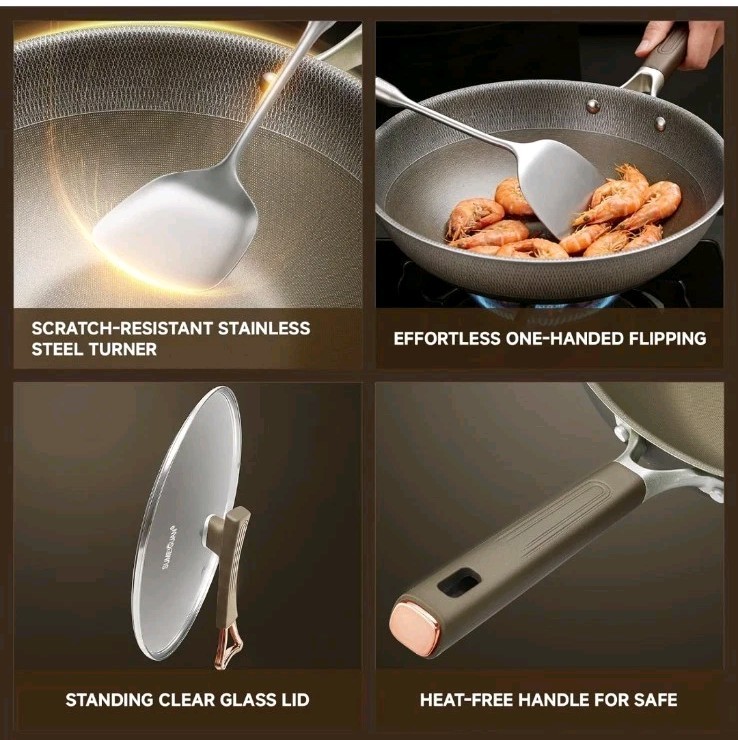 13 Inch Titanium Wok Pan w/ Lid Non Stick Frying Pan, Extended Cool-Touch Handle