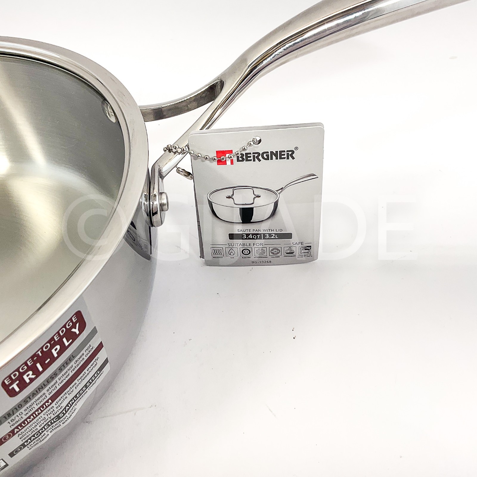 Bergner Edge-To Edge Tri-Ply Stainless Steel 3.4-qt Saute Pan With Lid