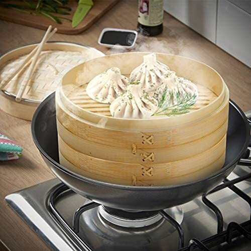 Prime Home Direct Bamboo Steamer Basket 10 inch, Dumpling Maker, Vegetable Steam