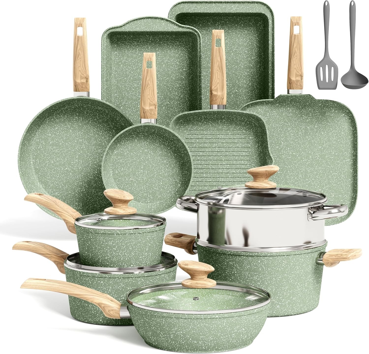 17 Pieces Induction Cookware Set with Griddle, Green Granite Pots and Pans Set