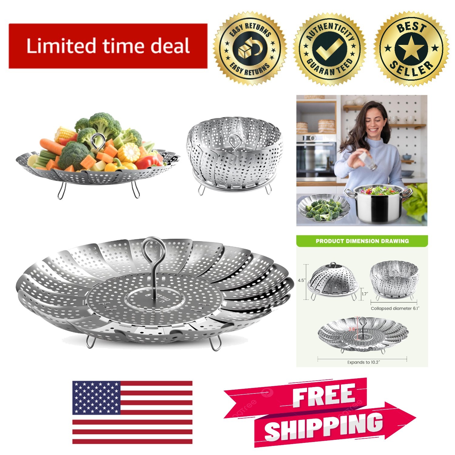Durable Round Steamer Basket with Lid – Stainless Steel, 11.2 Inch Capacity