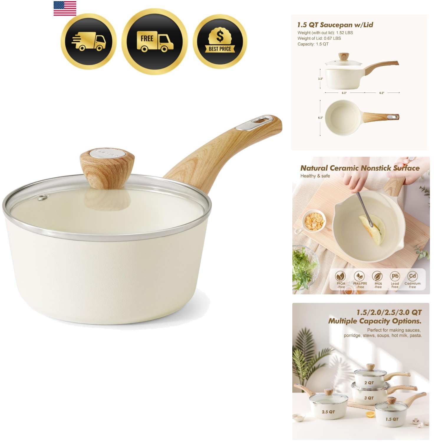 Ceramic Nonstick Sauce Pan with Lid, 1.5 Quart Small Saucepan, White Cooking …