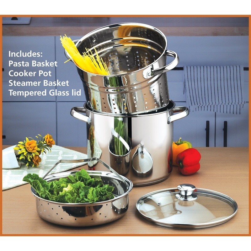 4 Piece Stainless Steel Multi Cooker Set W/ Glass Lid Steamer Colander Pot New
