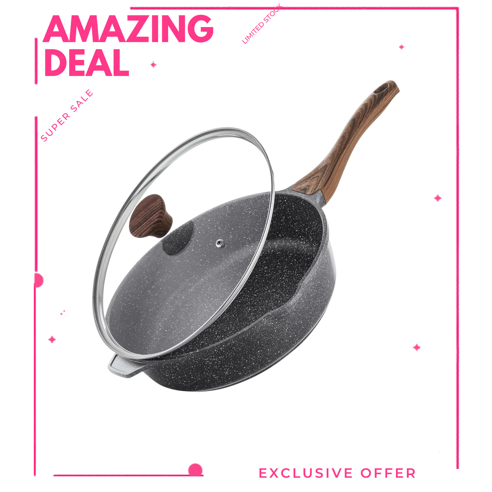 NEW 12″ Nonstick Deep Frying Pan Skillet with Lid Stone Cookware Induction Safe