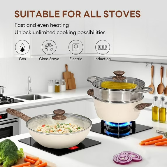 Gianna 17 Pcs Non-Stick Pots and Pans, Non-toxic Kitchen Cooking Set with Stay-C