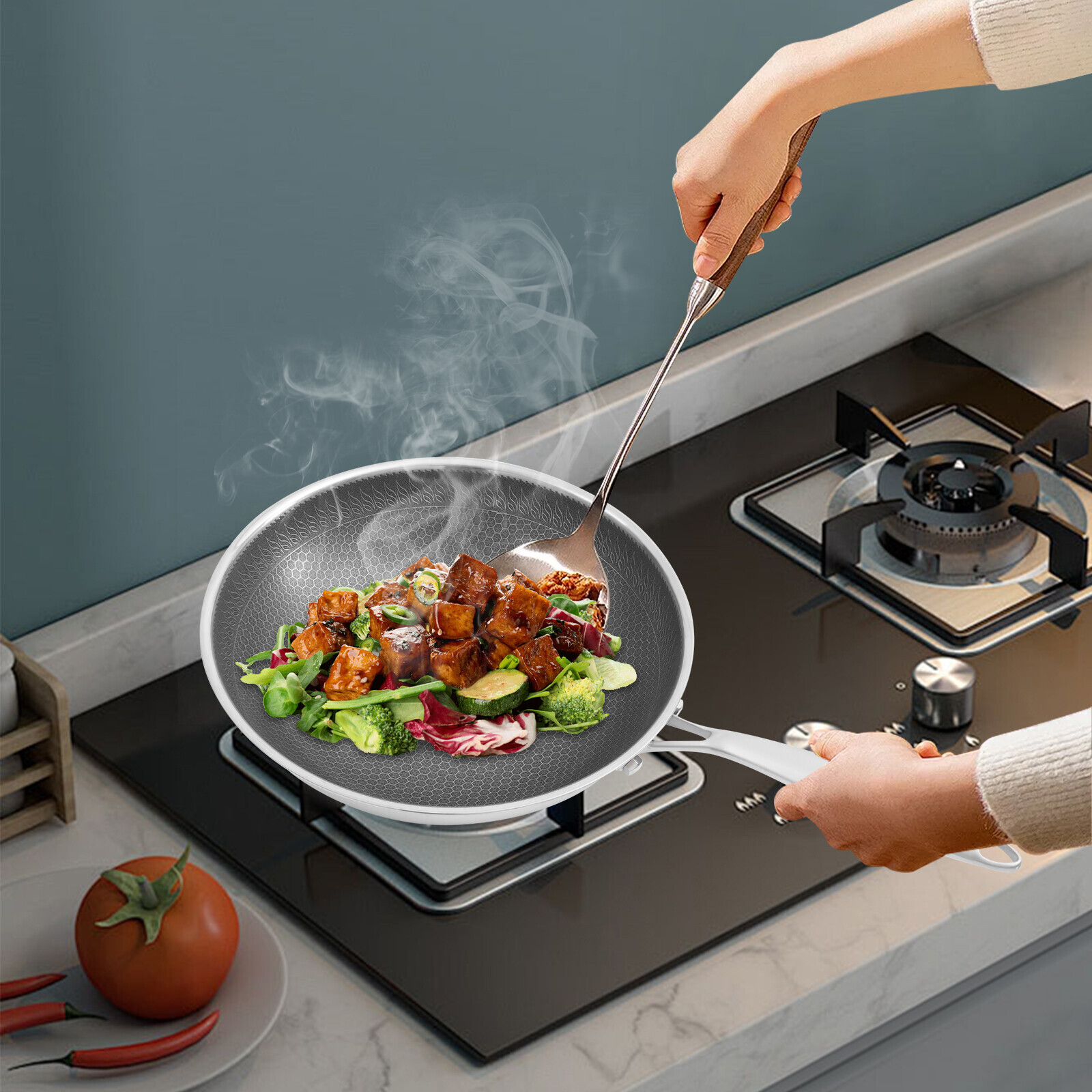 Honeycomb Wok, Stainless Steel Cooking Frying Pan, Stir-fry Pan 32*8.5cm