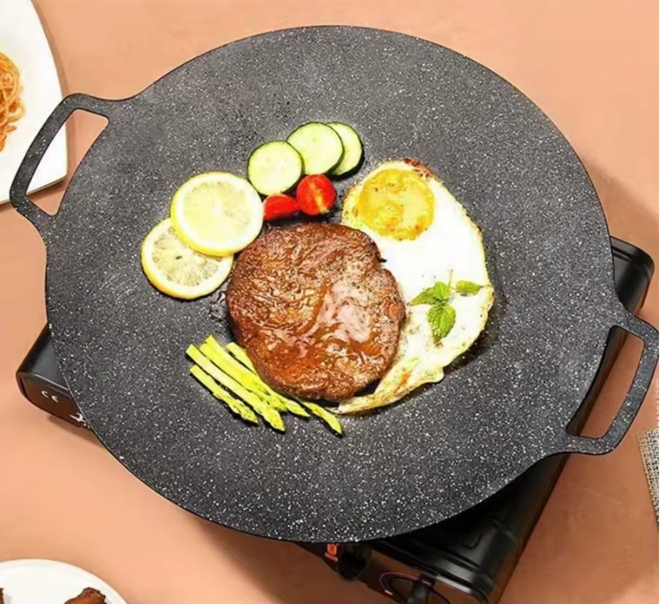 Korean BBQ Grill Pan Nonstick Round Griddle Plate w/ Handle for Stove
