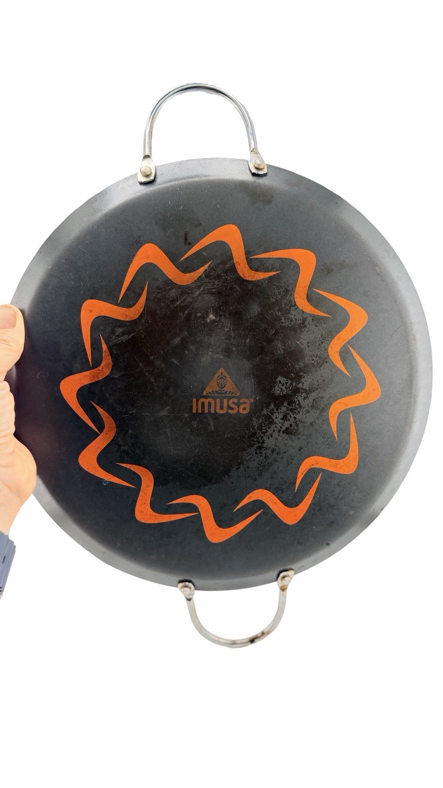 IMUSA Carbon Steel Paella Pan 13” Double Handle Black Orange Serving Pan Comal