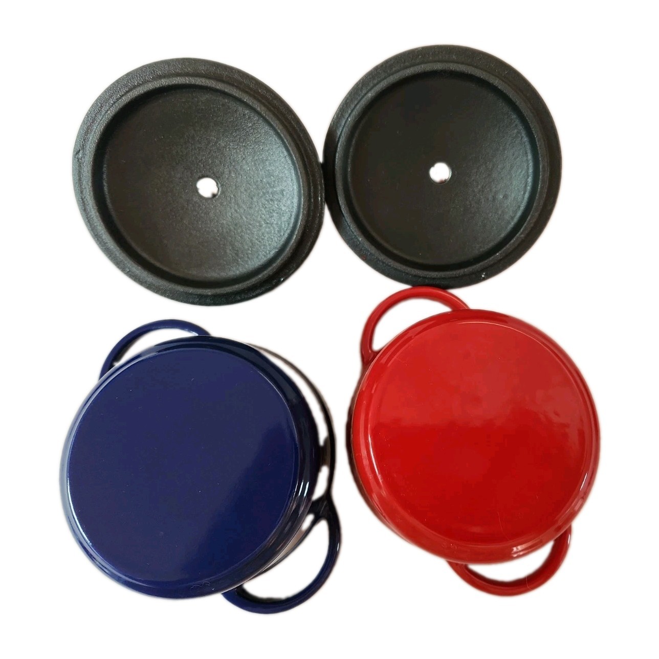 Fiesta Enameled Cast Iron Mini Dutch Oven Casserole Set of 2 Red Blue NWOT 0.35q