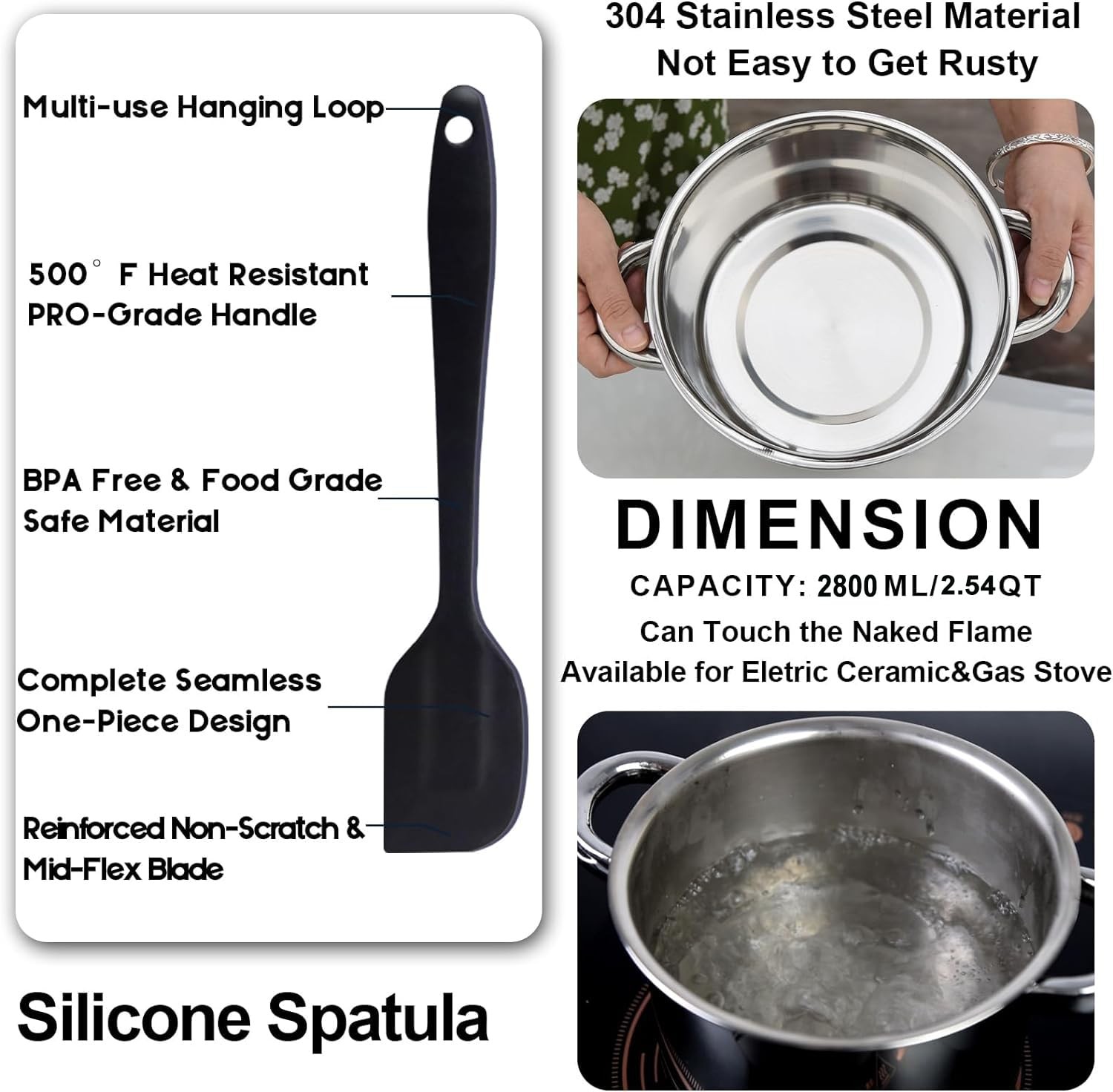 Double Boiler Pot Set 2000ML Mixing Bowl 2800ML Stainless Steel Pot Spatula