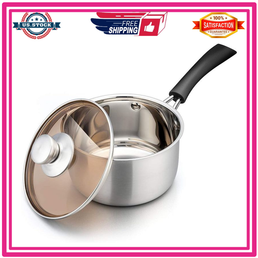 TeamFar 2QT Stainless Steel Saucepan with Lid Milk Pan Heatproof Handle
